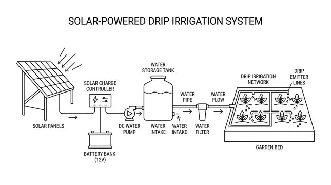 Diagram of a Solar Powered Drip Irrigation System for Efficient Plant Watering