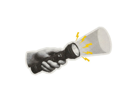 Hand holding a flashlight with a light beam and yellow lightning bolts, halftone collage style