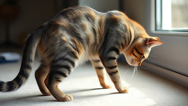 A cat arching its back in a stretch, side profile in soft window light.