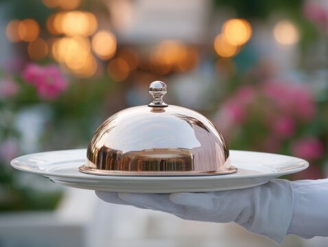 Elegant waiter serving covered dish on white glove hand