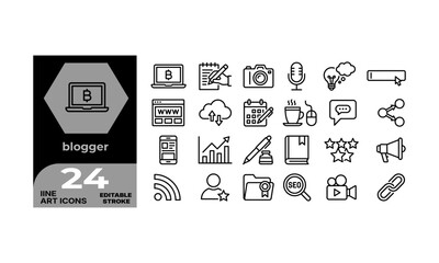 Obraz premium Set of 24 blogger line icons for web and mobile apps