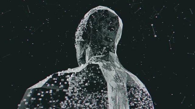 Seamless loop of abstract human head formed by glowing plexus network. Digital futuristic artificial intelligence model made of connected molecular nodes and neural lattice particle science background