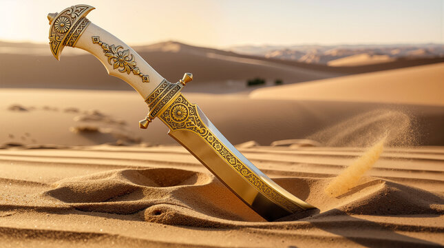 Ornate Antique Golden Dagger with White Handle Stuck in Desert Sand Dunes Under Sunlight