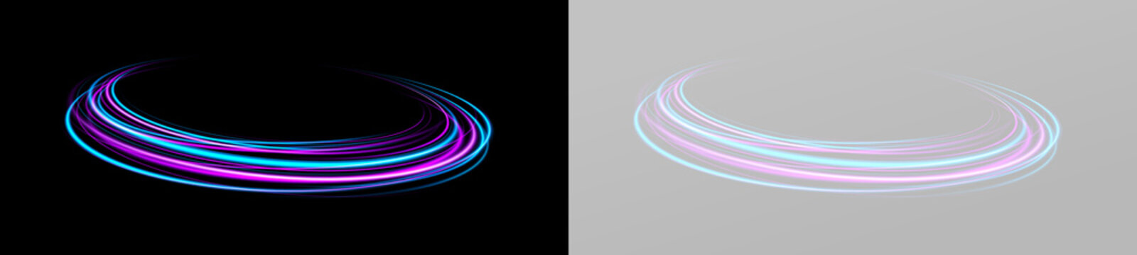 Glowing neon rings with colorful light trails and circular motion.