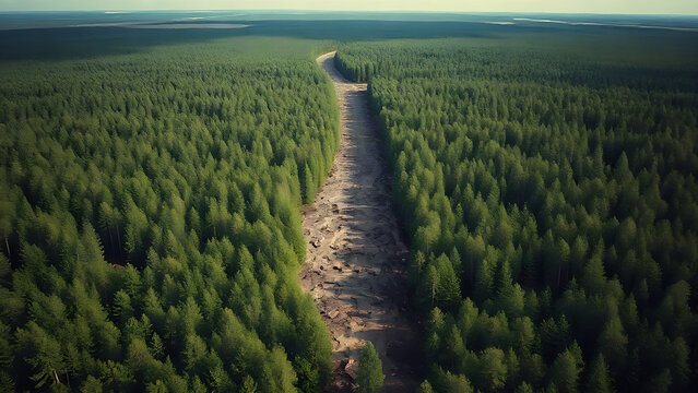 A wide firebreak of bare soil cutting through green forest.