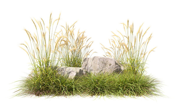 Grassy meadows prairie with stones cutout transparent backgrounds 3d rendering png