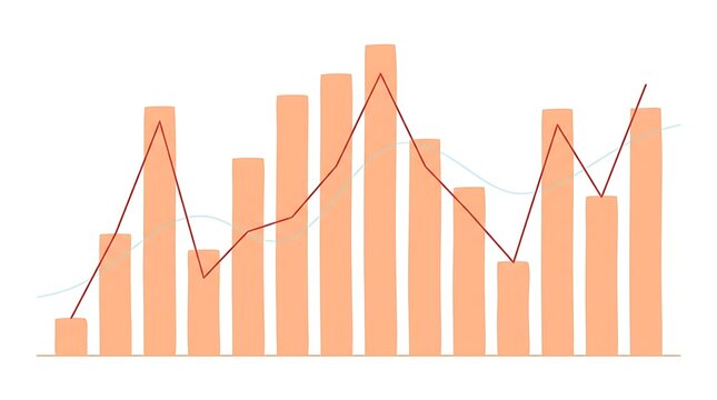 Peach bar chart with red and blue lines illustrating growth