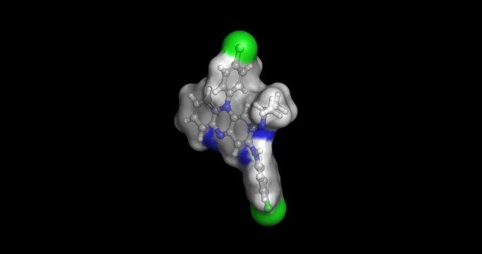 Clofazimine, antimycobacterial medication and anti-inflammatory drug used for leprosy treatment, 3D molecule spinning, 4K