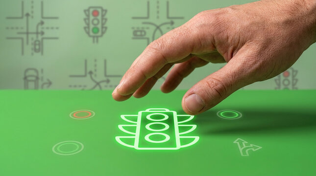 Smart City Traffic Management Concept with Human Hand Interacting with Digital Glowing Traffic Light Icon and Infrastructure Symbols on Green Surface.