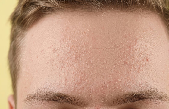 Macro Detail of Closed Comedones and Fungal Acne Tiny Bumps on Male Forehead