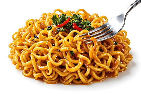 Instant noodles with fork isolated on white background with clipping path