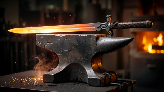 Glowing Red Hot Forged Steel Sword Resting on Blacksmith Anvil in Workshop Forge
