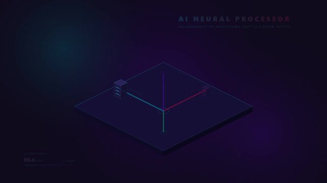 Isometric futuristic AI neural processor holographic data network visualization