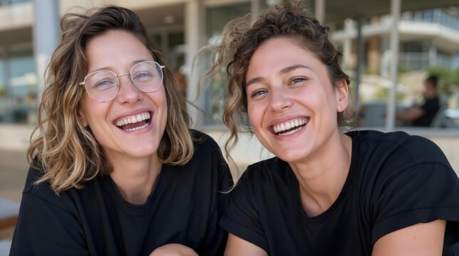 Deux amies riant ensemble en terrasse lors d'une rencontre estivale conviviale