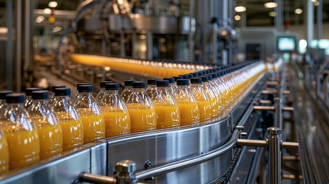 Bouteilles de jus d'orange align&eacute;es sur une cha&icirc;ne d'embouteillage industrielle