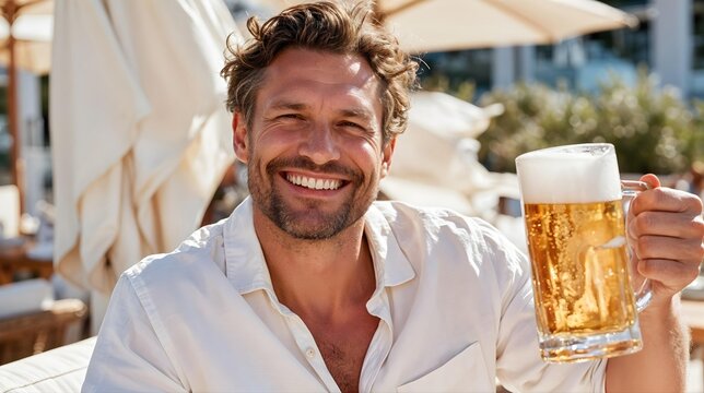 Homme souriant levant une chope de bi&egrave;re blonde en terrasse ensoleill&eacute;e