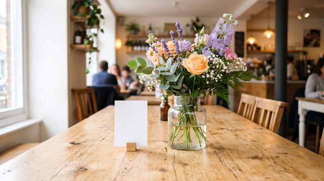 Beautiful flower bouquet in glass vase with blank white menu card on rustic wooden table