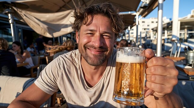 Un homme souriant l&egrave;ve une chope de bi&egrave;re blonde en terrasse au soleil couchant