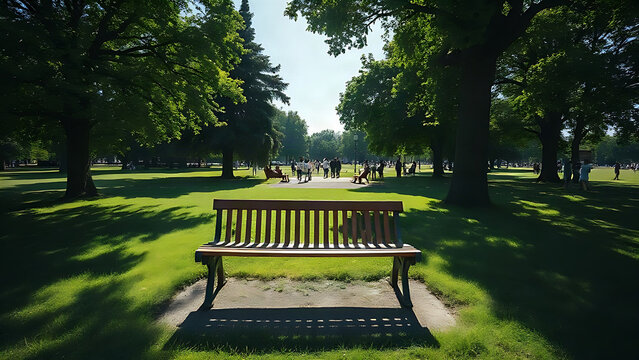 An empty park bench in a green park, a strong diagonal shadow creating a visual divide.