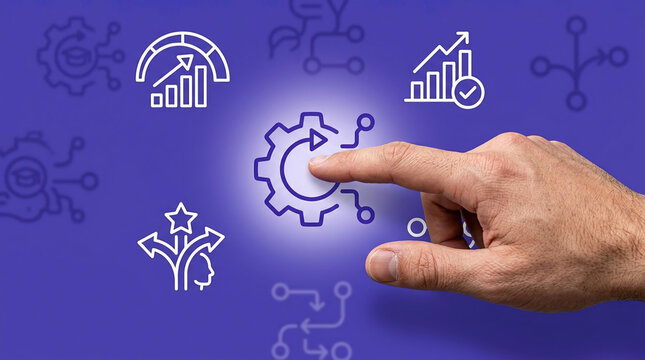 Business Process Optimization Concept with Hand Touching Digital Gear Icon and Strategic Symbols on Purple Background for Automation and Growth
