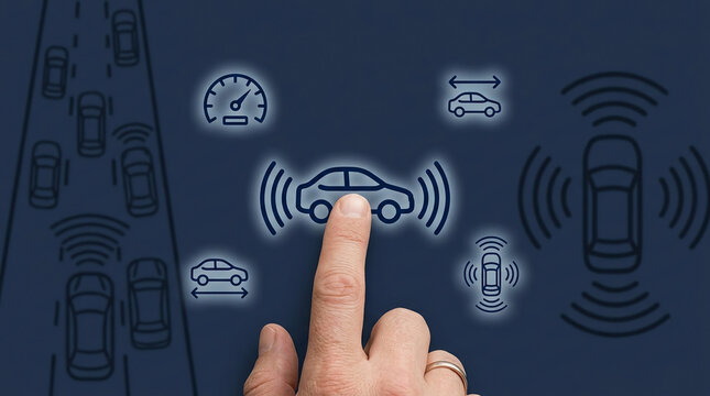Autonomous driving technology concept with human hand touching digital interface icons of smart car safety systems and sensors on dark blue background