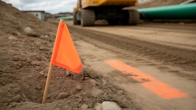An orange construction flag marking a site on a dirt road with a large yellow heavy machinery vehicle in the background, at a building project