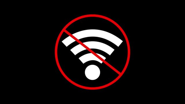 Animated no wifi signal icon with red prohibition slash ban circle lower third element overlay on background.