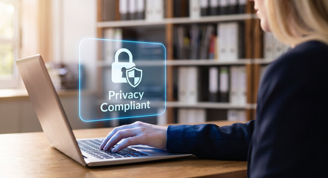 Compliance officer hand on laptop with holographic GDPR data privacy compliance verification interface, digital regulatory protection concept in corporate office