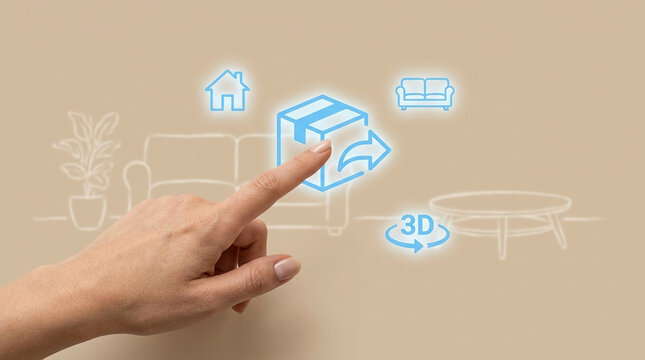 Hand touching digital icons for online furniture shopping, home delivery, and 3D interior design on a neutral background for e-commerce concept.
