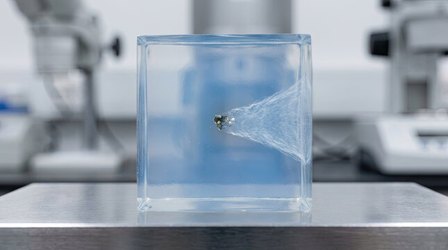 Clear cube displays projectile impact, showcasing resulting shockwave in laboratory setting