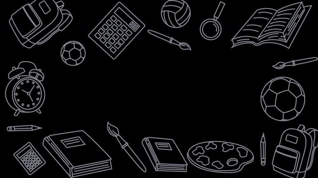 Back to School Video Frame Overlay with Animated Line Art Icons Transparent Background Black Copy Space Doodle Education Motion Graphics Vector