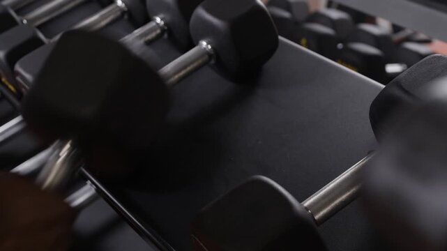 Man Person Hand Handling Dumbbells on gym. A man is lifting a dumbbell in a gym. He is gripping the handle with both hands and is positioned in front of a row of weight plates.