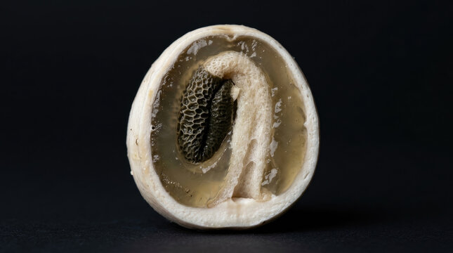 Stinkhorn mushroom egg cross section revealing unique textures and colors