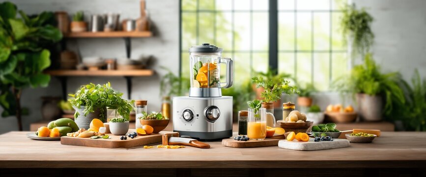 Smoothie setup Fruits, greens, herbs and blender. A bright, healthy kitchen scene filled with ingredients