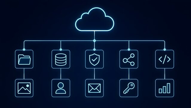 Cloud Computing Architecture Diagram with Glowing Blue Neon Icons for Data Network Security