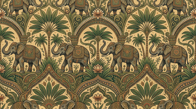 Decorative seamless pattern featuring elephants lotus flowers and palm trees in ornate style.