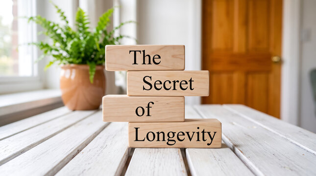 Wooden blocks displaying the secret of longevity message on a rustic white table inside home