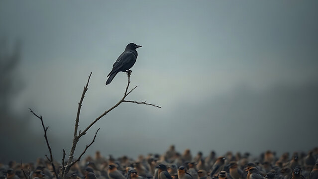 A solitary crow watches over a flock of sparrows from a bare branch.