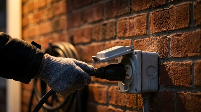Person wearing gloves plugging a power cord into an outdoor brick wall socket