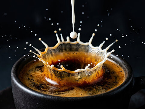 Rich espresso splash with milk drop impact creating stunning visual effect