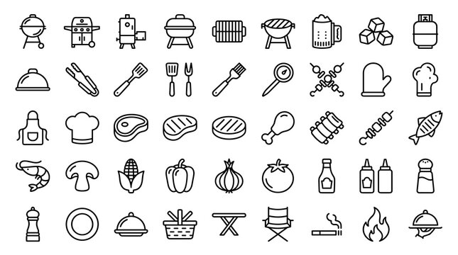 Barbecue and Grilling Editable Line Icon Set with Grill Equipment, BBQ Tools, Outdoor Cooking, Meat, Vegetables, and Picnic Symbols