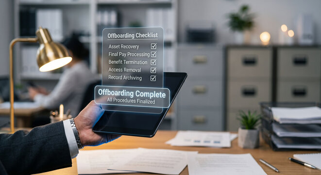 HR manager hand in suit holding tablet with holographic employee offboarding checklist complete interface, digital exit process concept in HR office