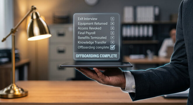 HR manager hand in suit holding tablet with holographic employee offboarding checklist complete interface, digital exit process concept in HR office