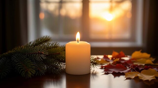 Single candle with autumn leaves and pine branch at sunset