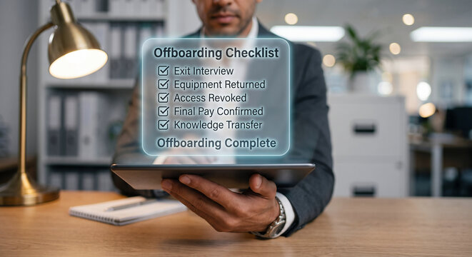 HR manager hand in suit holding tablet with holographic employee offboarding checklist complete interface, digital exit process concept in HR office