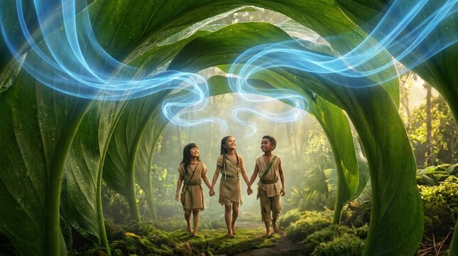Three happy children holding hands walking under giant green leaf arch in fantasy jungle with glowing blue energy light stream concept.