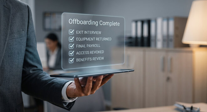 HR manager hand in suit holding tablet with holographic employee offboarding checklist complete interface, digital exit process concept in HR office