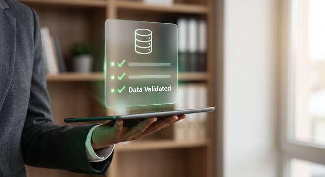 Data governance officer hand holding tablet with holographic master data validation checklist interface, enterprise data quality assurance concept in corporate office