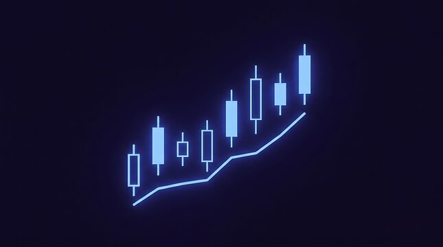 Glowing blue candlestick stock market chart showing rapid upward growth