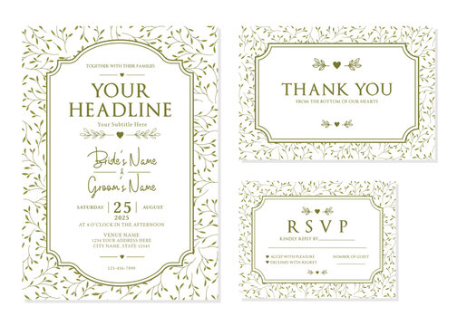 Olive Green Botanical Vine Wedding Invitation Suite Vector Template

